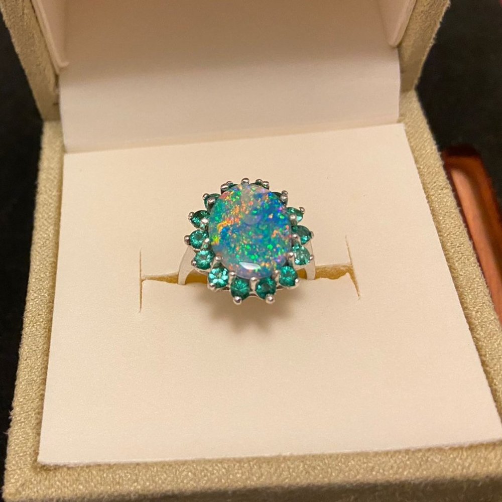 Australian black opal natural emerald halo ring 7